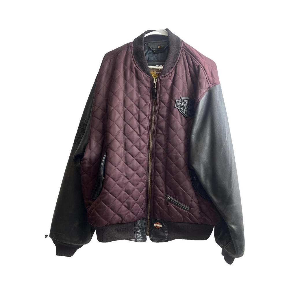 Vintage Harley Davidson Leather and Quilted Maroon Motorcycle jacket, Medium.